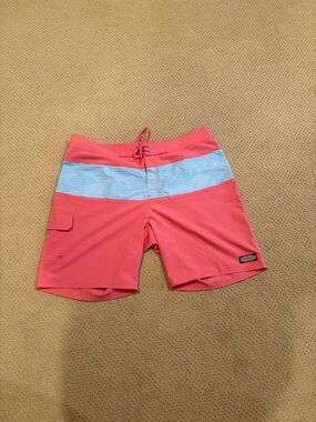 Vineyard Vines Coral Swim Trunks with Light Blue Stripe